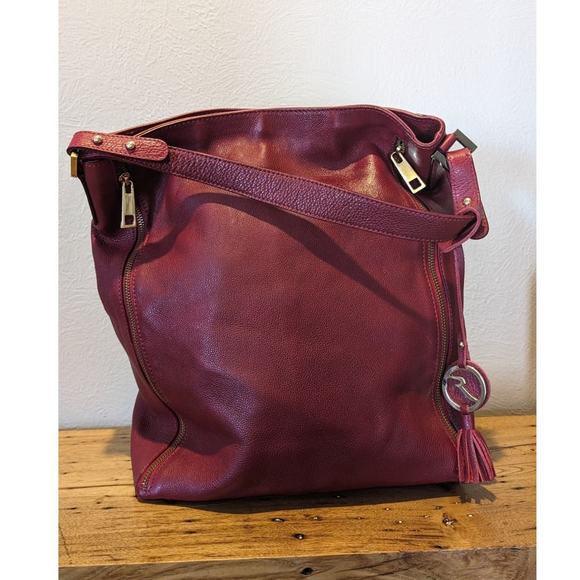 Varriale Dark Red Italian Leather Double Front Gold Zipper Bucket Shoulder Bag - Picture 1 of 15
